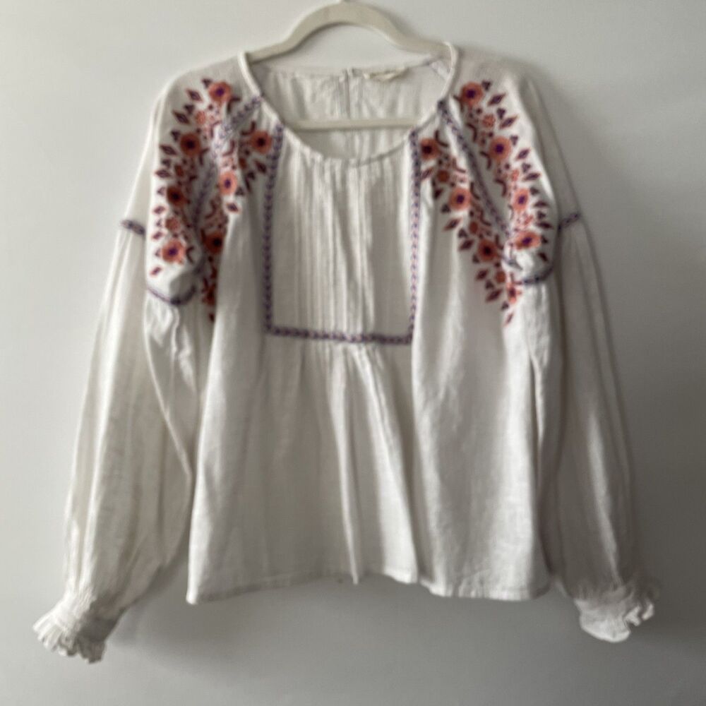 Rebellion White Peasant Blouse with Pink & Orange Embroidery
